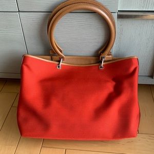Salvatore Ferragamo - red twill bag with beige leather trim - vintage